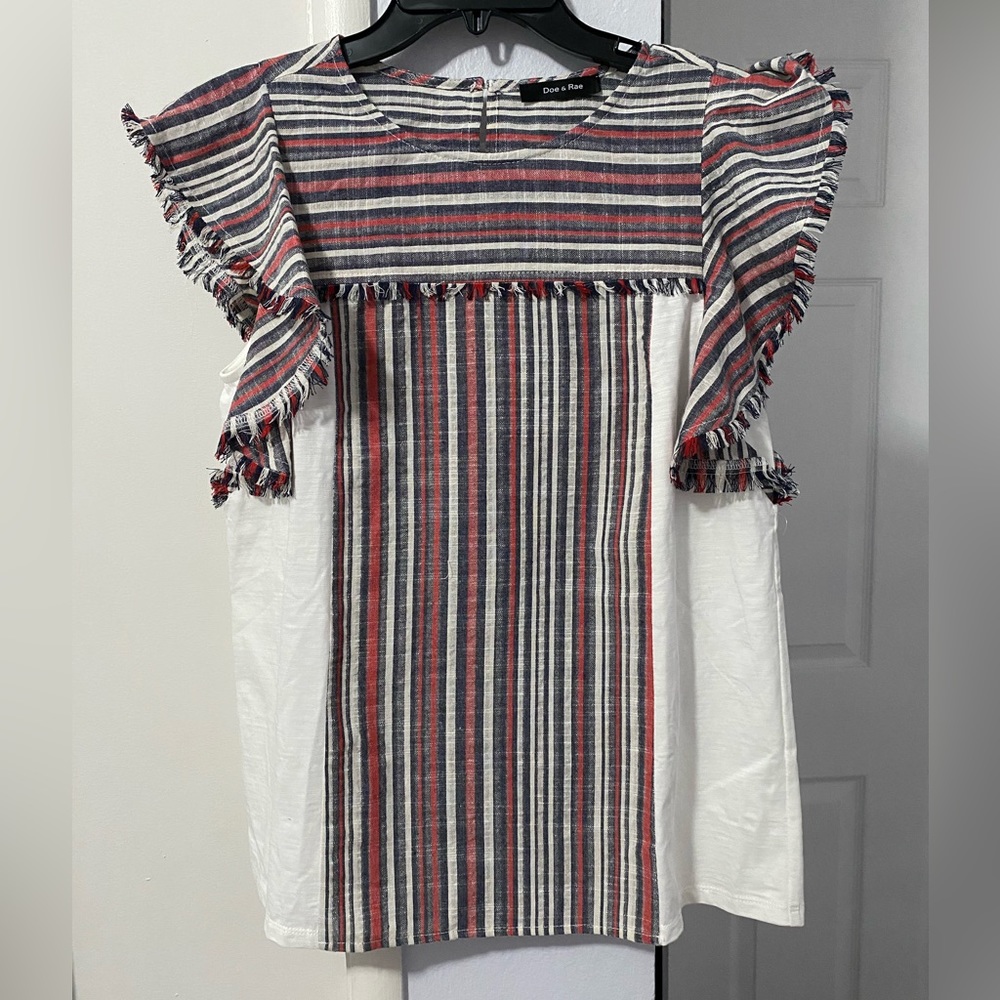Doe & Rae Flutter Sleeve Red Stripe Blouse Size Small